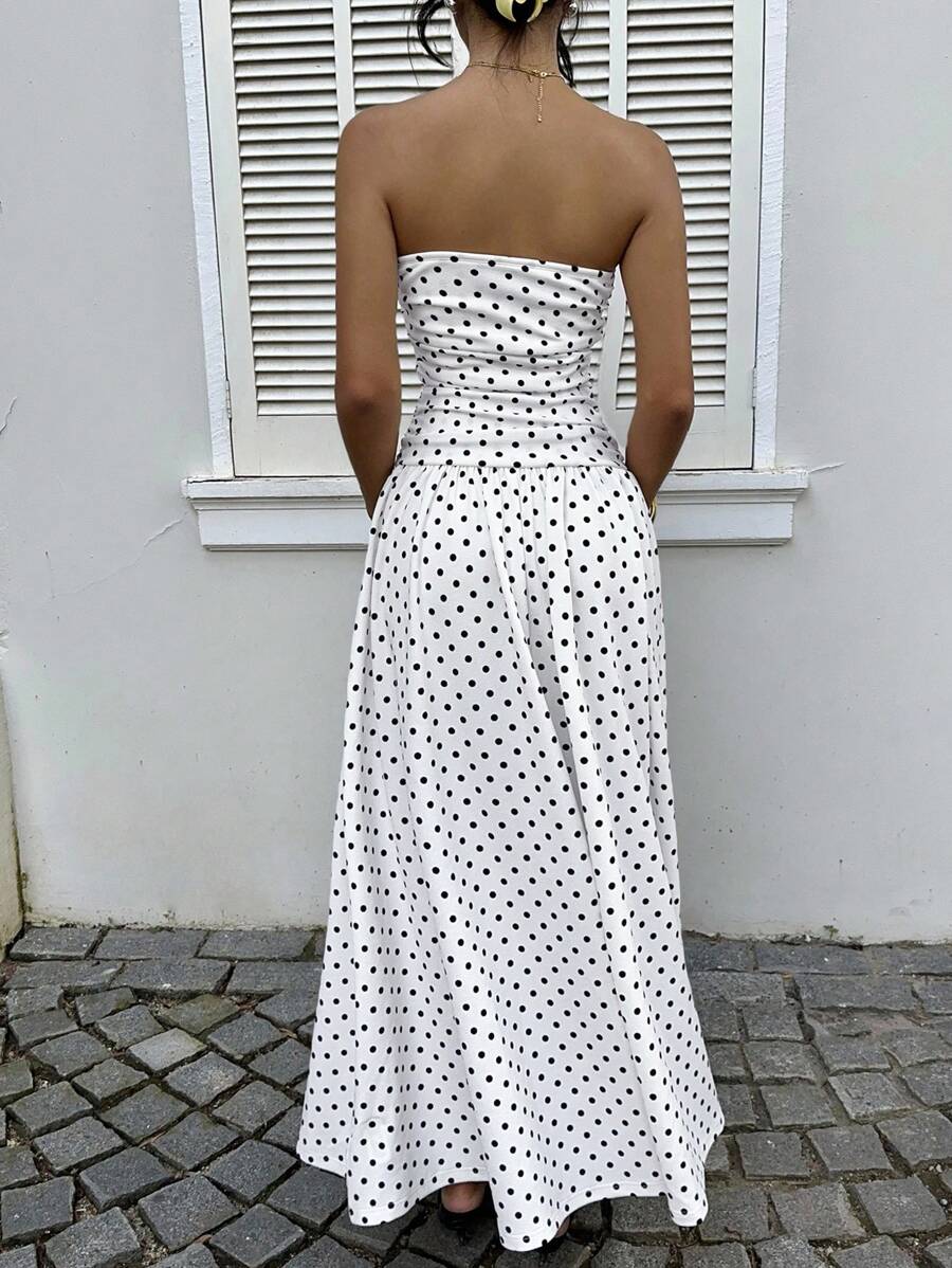 MainGRL Women's Polka Dot Print Waist Cinched Bandeau Dress, Vacation Style,Dresses For Women Casual Sun Dress Long Brown Long Dress Brown Sundress Brown Maxi Dress Brown Polka Dot Dress