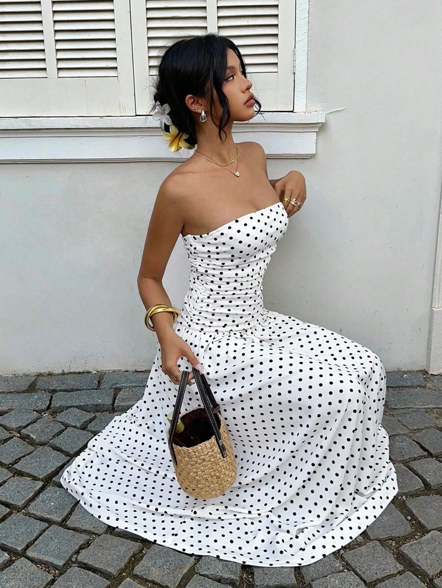 MainGRL Women's Polka Dot Print Waist Cinched Bandeau Dress, Vacation Style,Dresses For Women Casual Sun Dress Long Brown Long Dress Brown Sundress Brown Maxi Dress Brown Polka Dot Dress