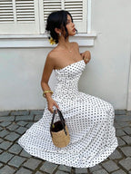 MainGRL Women's Polka Dot Print Waist Cinched Bandeau Dress, Vacation Style,Dresses For Women Casual Sun Dress Long Brown Long Dress Brown Sundress Brown Maxi Dress Brown Polka Dot Dress