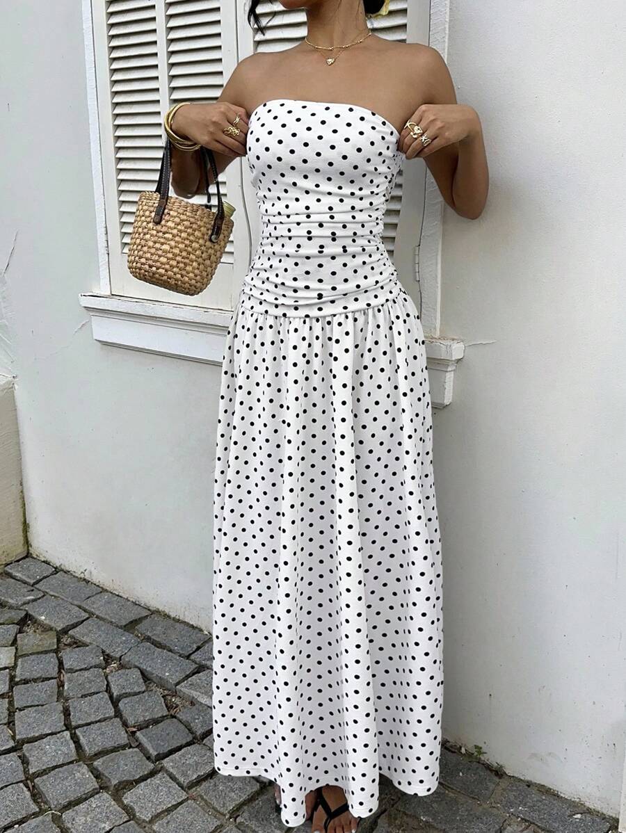 MainGRL Women's Polka Dot Print Waist Cinched Bandeau Dress, Vacation Style,Dresses For Women Casual Sun Dress Long Brown Long Dress Brown Sundress Brown Maxi Dress Brown Polka Dot Dress