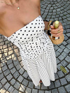 MainGRL Women's Polka Dot Print Waist Cinched Bandeau Dress, Vacation Style,Dresses For Women Casual Sun Dress Long Brown Long Dress Brown Sundress Brown Maxi Dress Brown Polka Dot Dress