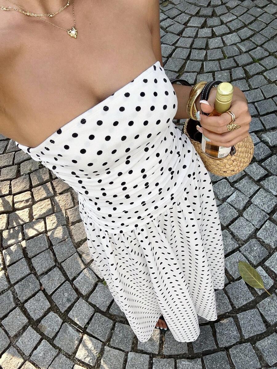 MainGRL Women's Polka Dot Print Waist Cinched Bandeau Dress, Vacation Style,Dresses For Women Casual Sun Dress Long Brown Long Dress Brown Sundress Brown Maxi Dress Brown Polka Dot Dress