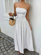 MainGRL Women's Polka Dot Print Waist Cinched Bandeau Dress, Vacation Style,Dresses For Women Casual Sun Dress Long Brown Long Dress Brown Sundress Brown Maxi Dress Brown Polka Dot Dress