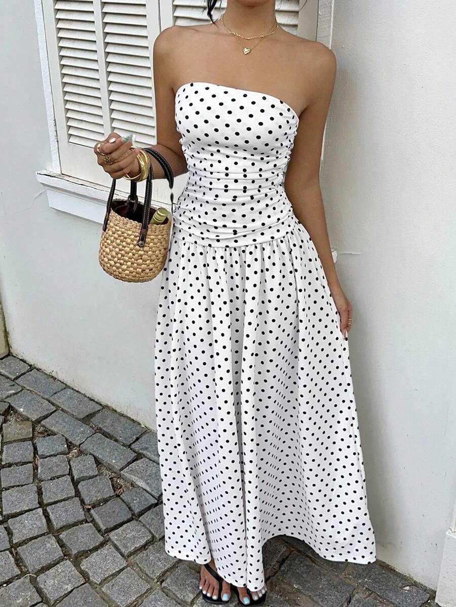 MainGRL Women's Polka Dot Print Waist Cinched Bandeau Dress, Vacation Style,Dresses For Women Casual Sun Dress Long Brown Long Dress Brown Sundress Brown Maxi Dress Brown Polka Dot Dress