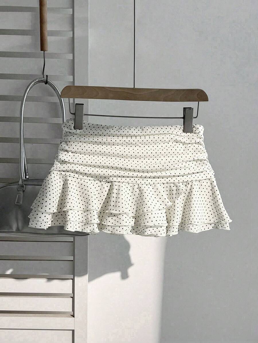 Elamini Women's Fashion Pleated Layered Decor Sweet Design Charming Polka Dot Ruffle Hem Vacation Style Skirt