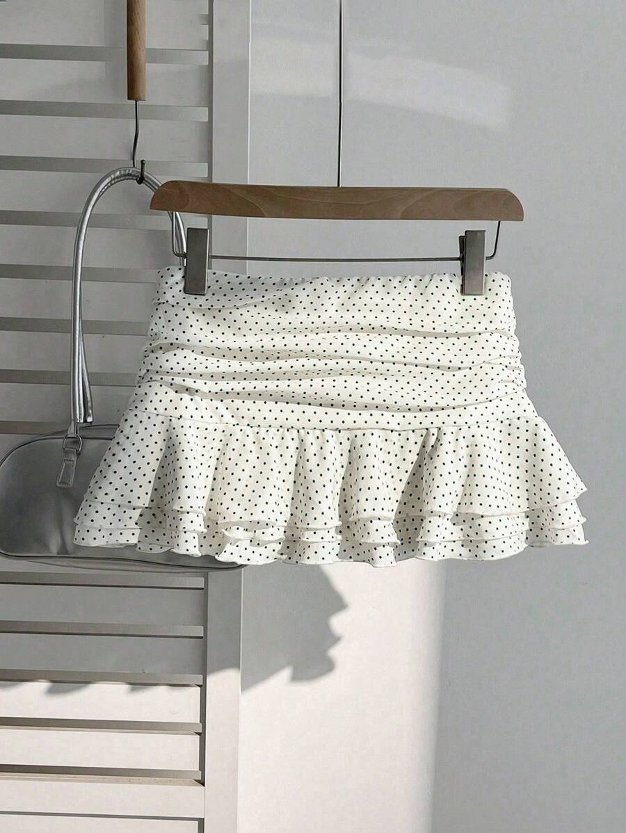 Elamini Women's Fashion Pleated Layered Decor Sweet Design Charming Polka Dot Ruffle Hem Vacation Style Skirt