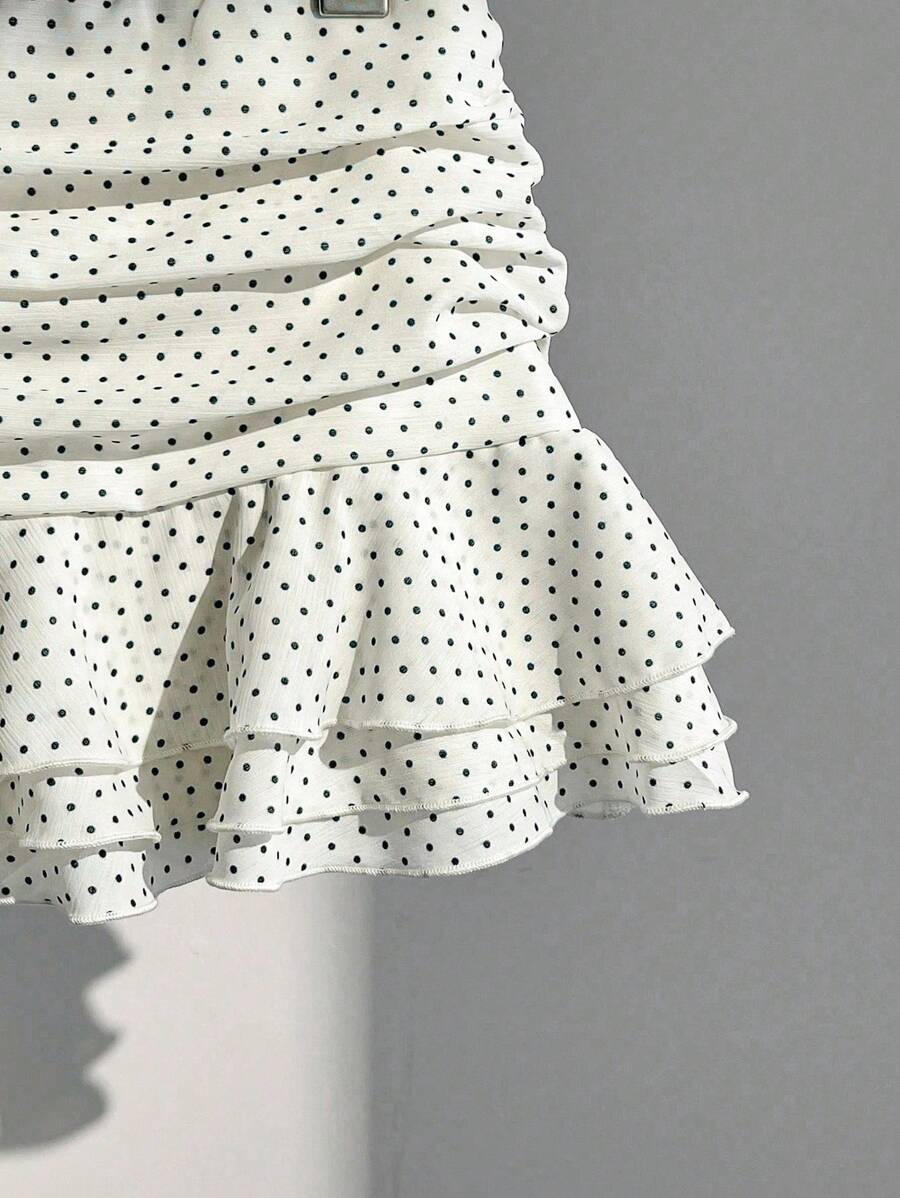 Elamini Women's Fashion Pleated Layered Decor Sweet Design Charming Polka Dot Ruffle Hem Vacation Style Skirt
