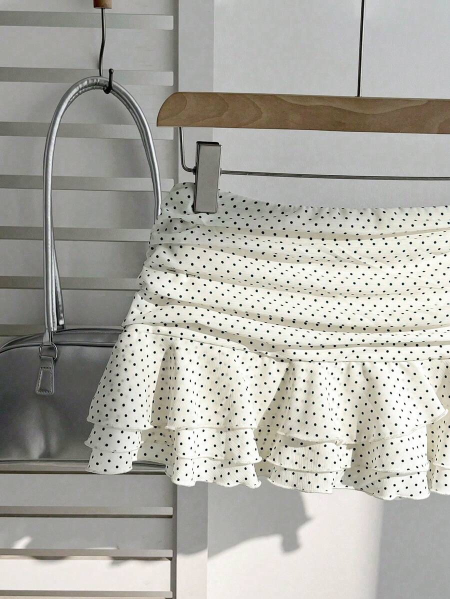 Elamini Women's Fashion Pleated Layered Decor Sweet Design Charming Polka Dot Ruffle Hem Vacation Style Skirt