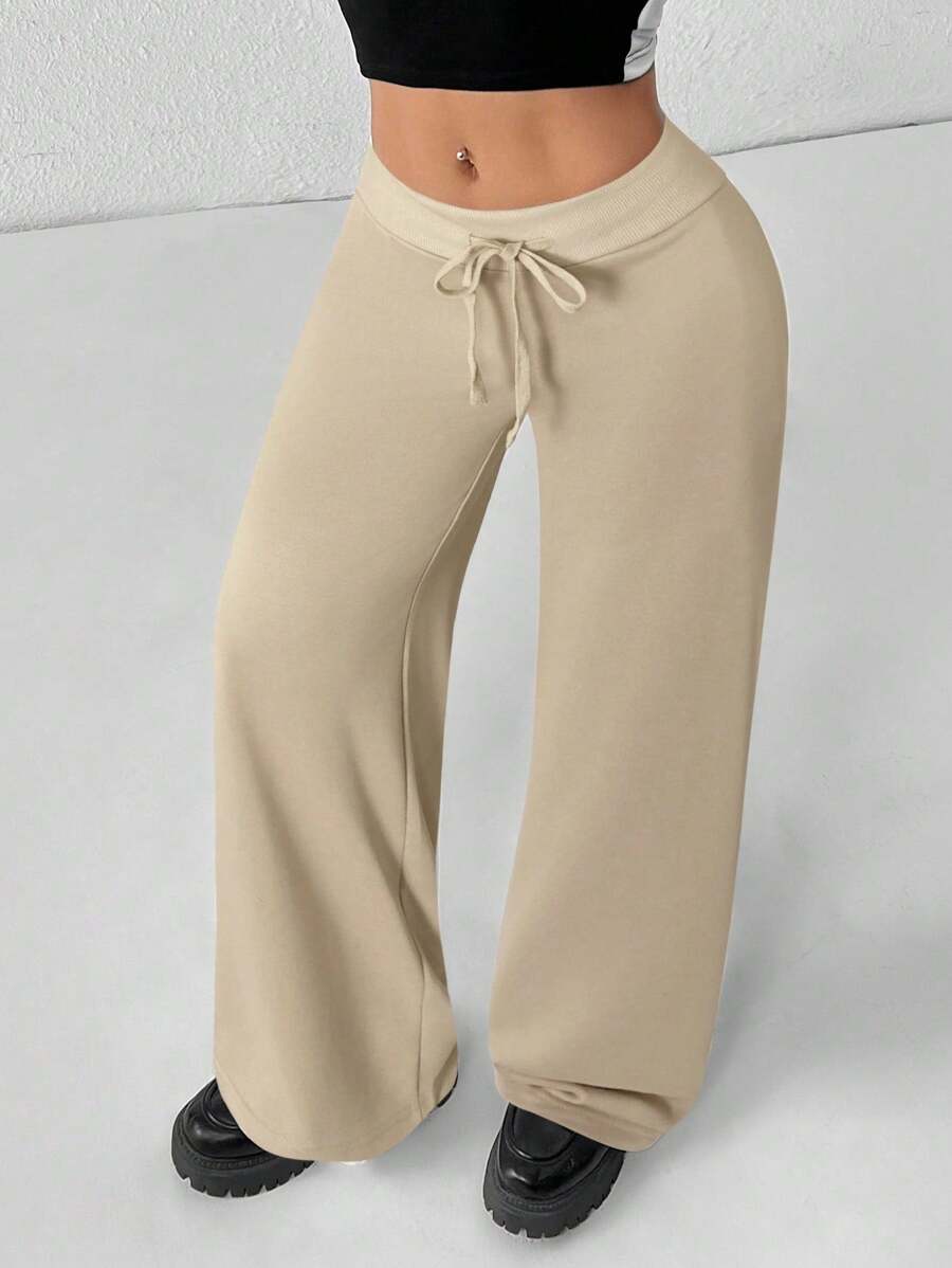 SHEIN PETITE Comfortable And Casual Plain Knitted Low-Rise Wide-Leg Women's Sweatpants Baggy