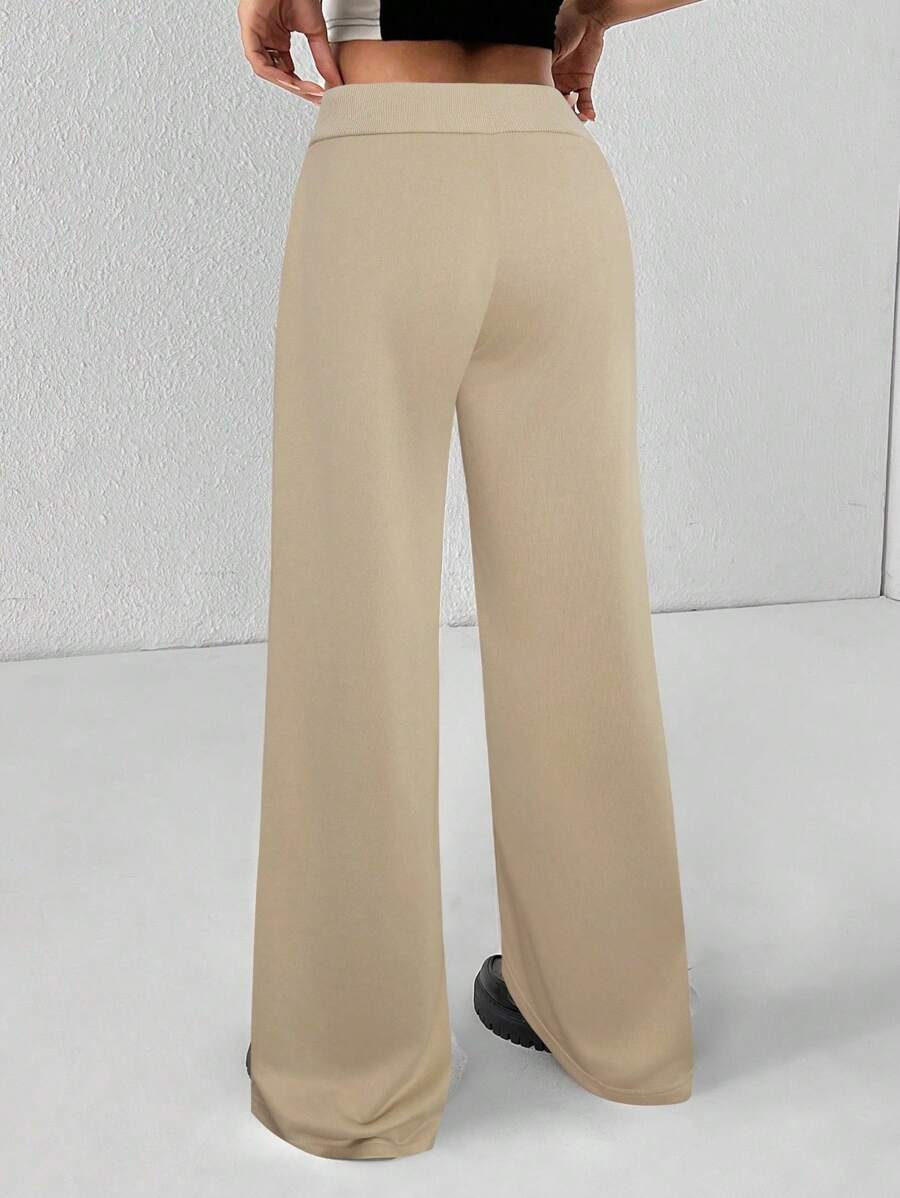 SHEIN PETITE Comfortable And Casual Plain Knitted Low-Rise Wide-Leg Women's Sweatpants Baggy