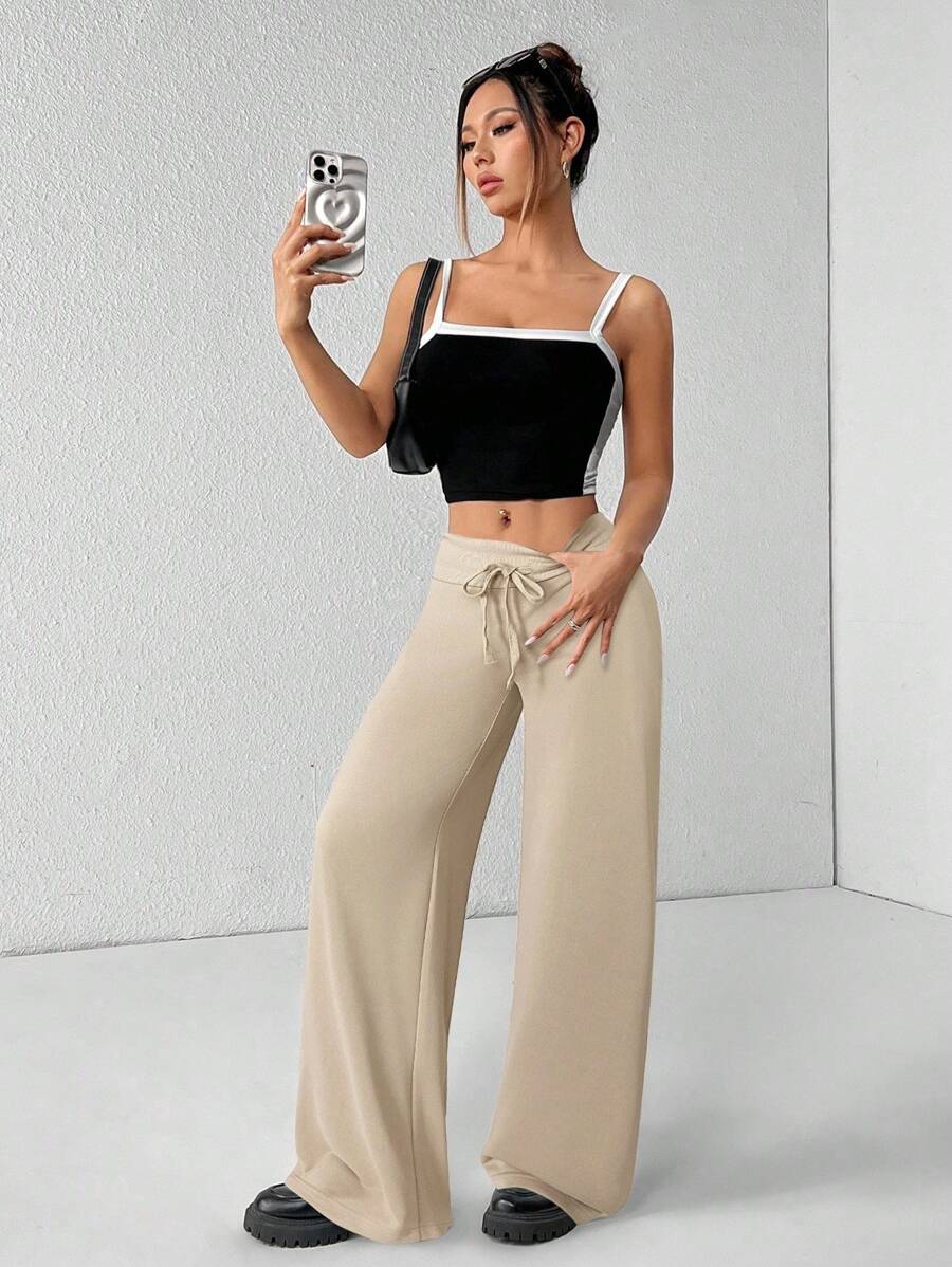 SHEIN PETITE Comfortable And Casual Plain Knitted Low-Rise Wide-Leg Women's Sweatpants Baggy