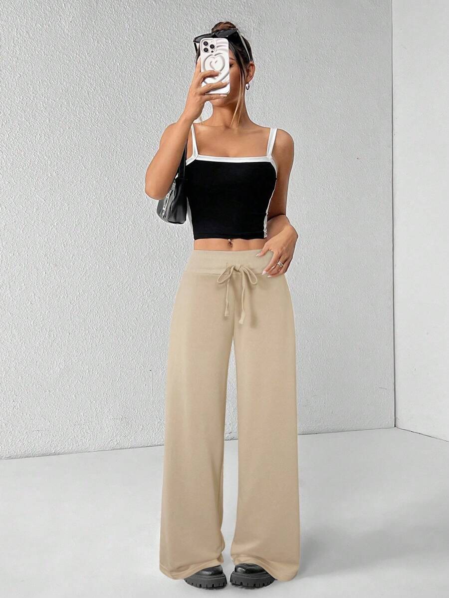 SHEIN PETITE Comfortable And Casual Plain Knitted Low-Rise Wide-Leg Women's Sweatpants Baggy