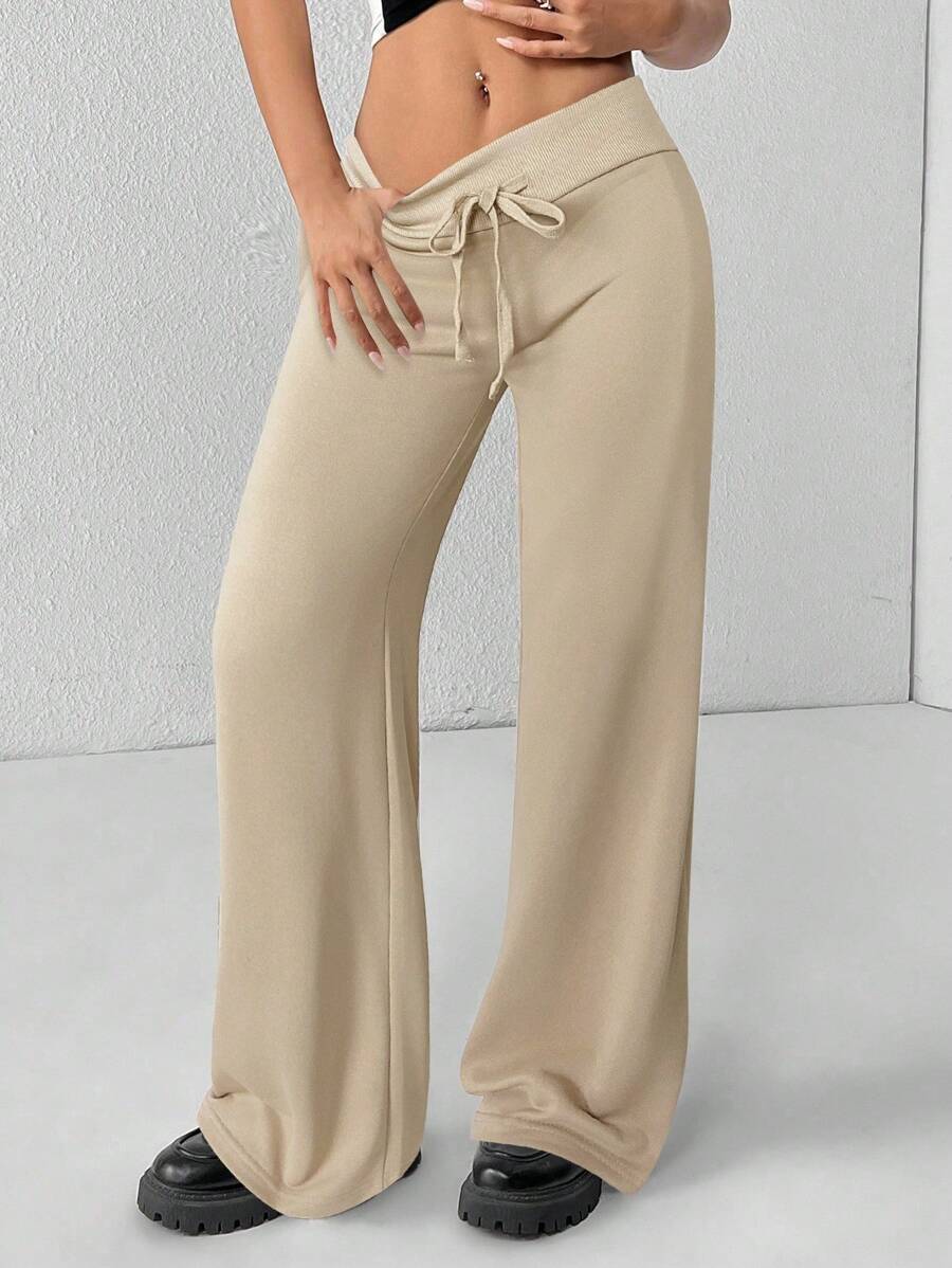 SHEIN PETITE Comfortable And Casual Plain Knitted Low-Rise Wide-Leg Women's Sweatpants Baggy