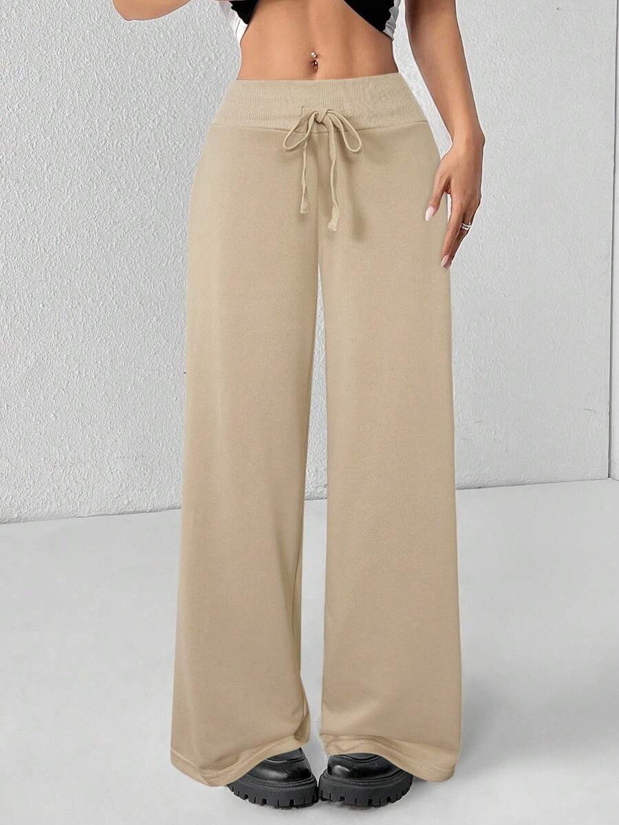 SHEIN PETITE Comfortable And Casual Plain Knitted Low-Rise Wide-Leg Women's Sweatpants Baggy