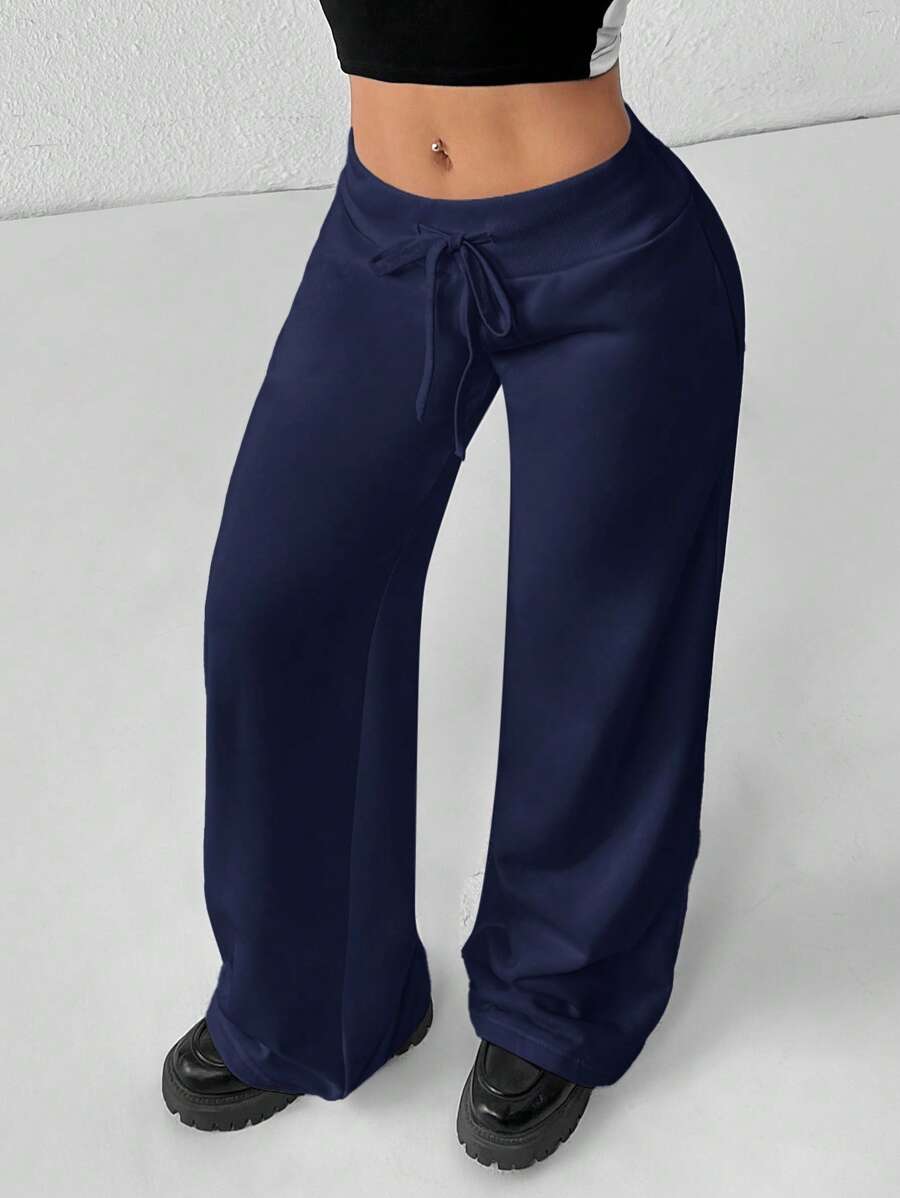 SHEIN PETITE Comfortable And Casual Plain Knitted Low-Rise Wide-Leg Women's Sweatpants Baggy