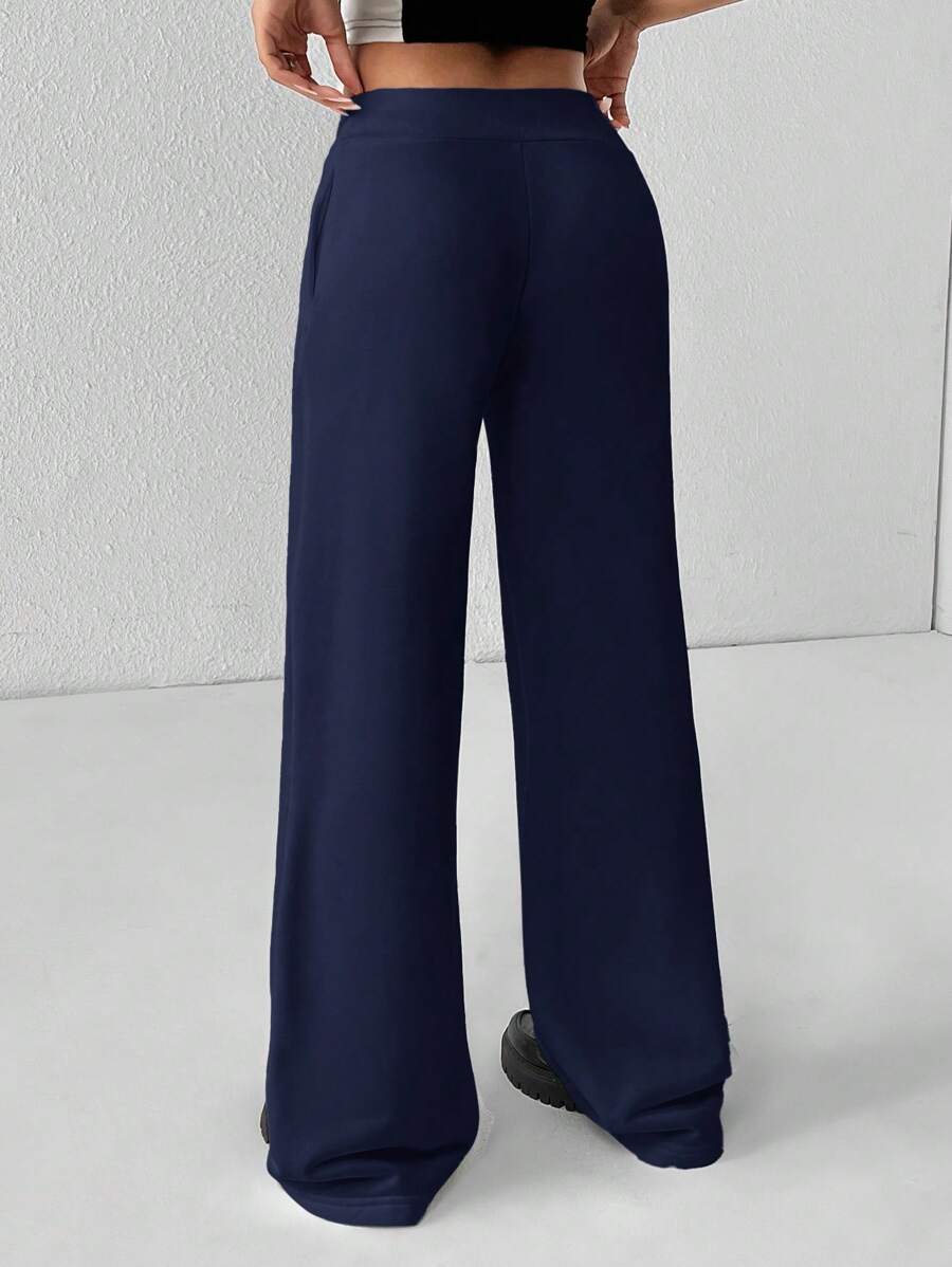 SHEIN PETITE Comfortable And Casual Plain Knitted Low-Rise Wide-Leg Women's Sweatpants Baggy