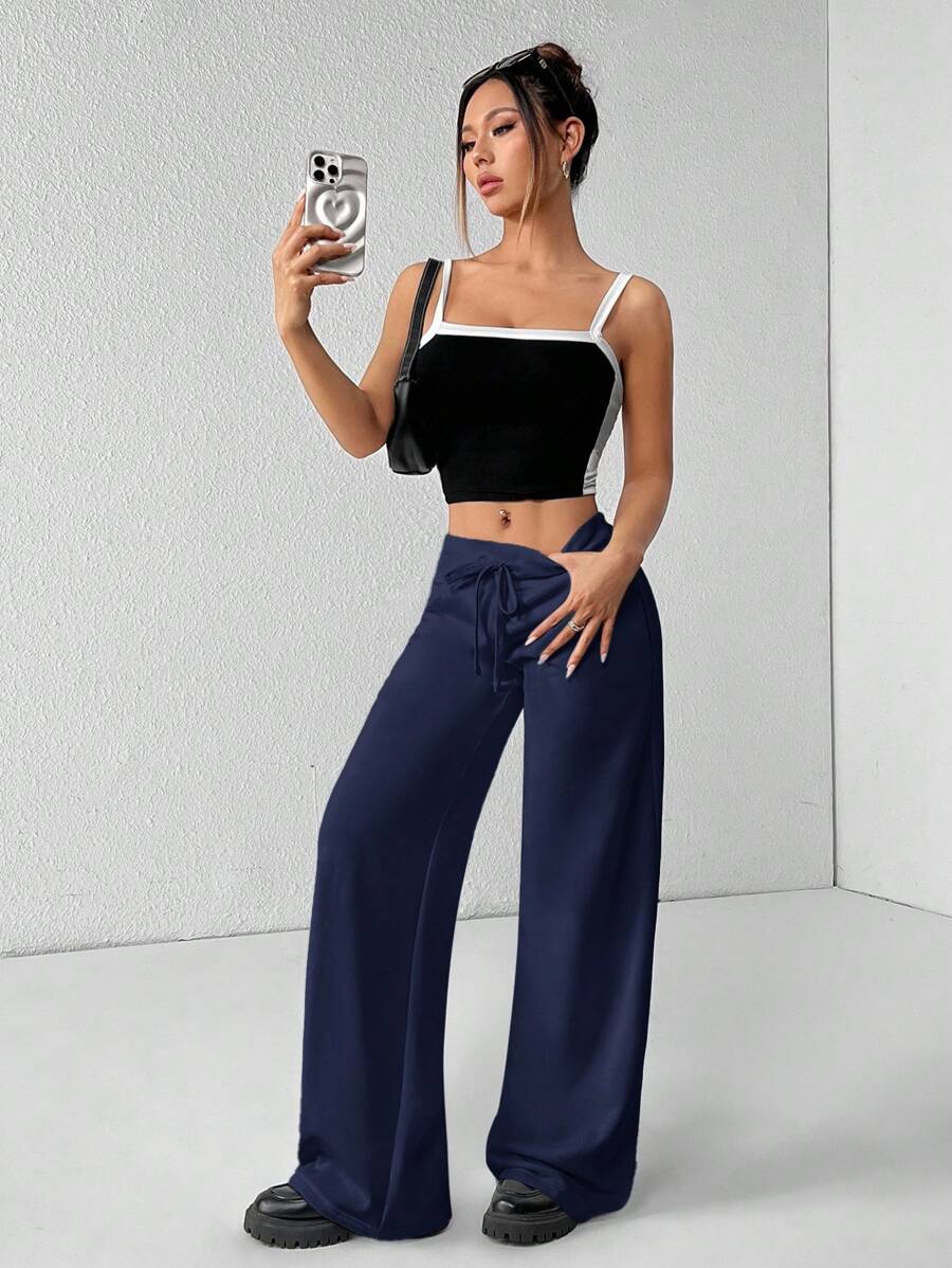 SHEIN PETITE Comfortable And Casual Plain Knitted Low-Rise Wide-Leg Women's Sweatpants Baggy