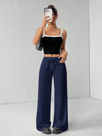 SHEIN PETITE Comfortable And Casual Plain Knitted Low-Rise Wide-Leg Women's Sweatpants Baggy
