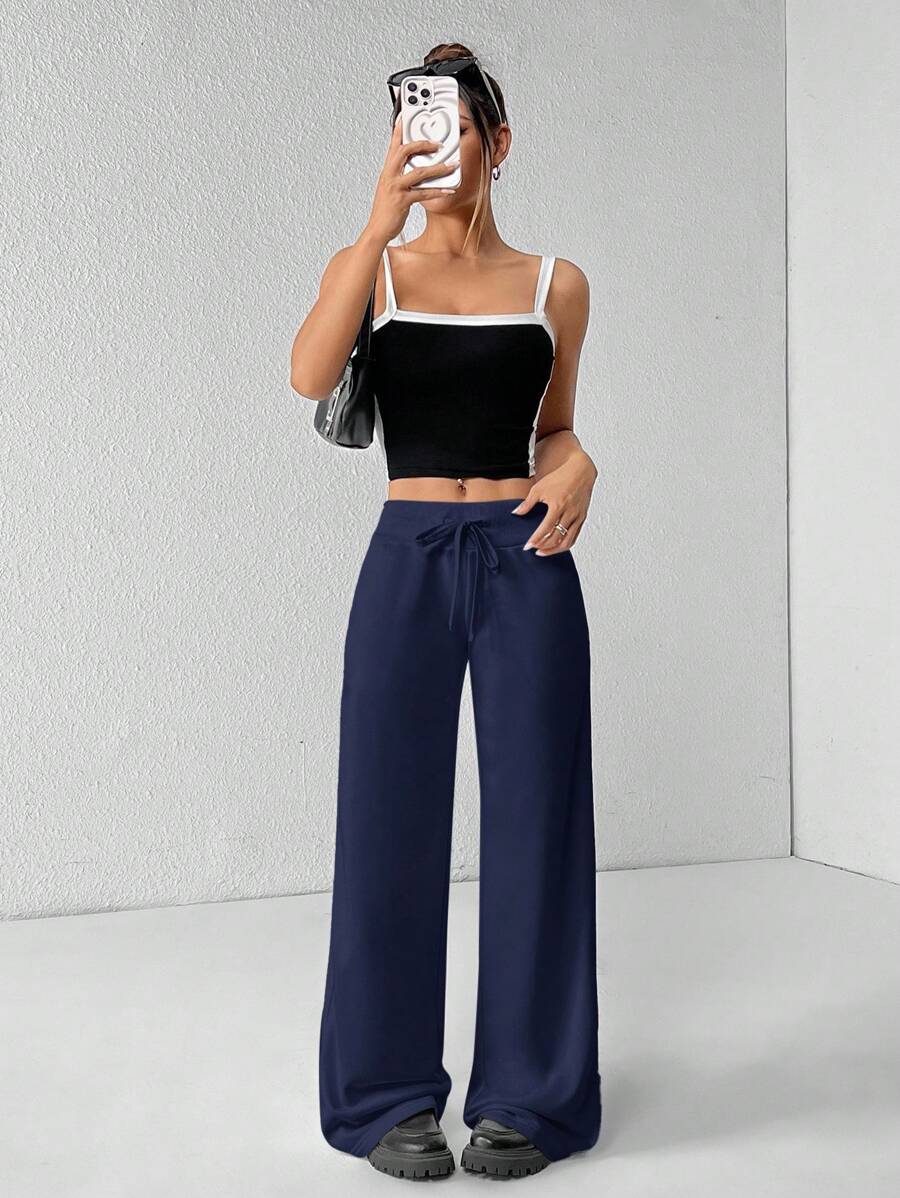 SHEIN PETITE Comfortable And Casual Plain Knitted Low-Rise Wide-Leg Women's Sweatpants Baggy