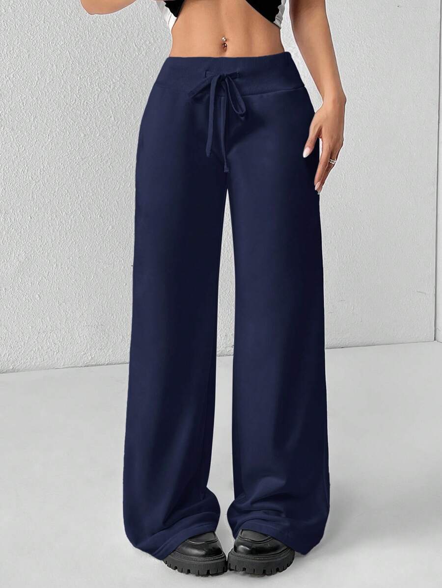 SHEIN PETITE Comfortable And Casual Plain Knitted Low-Rise Wide-Leg Women's Sweatpants Baggy
