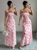Elenzga New Women's Square Neck Mesh Floral Print Waist Ruched A-Line Maxi Dress, Elegant For Dates, Vacation, Waist Cinching, Flattering, Spring/Summer