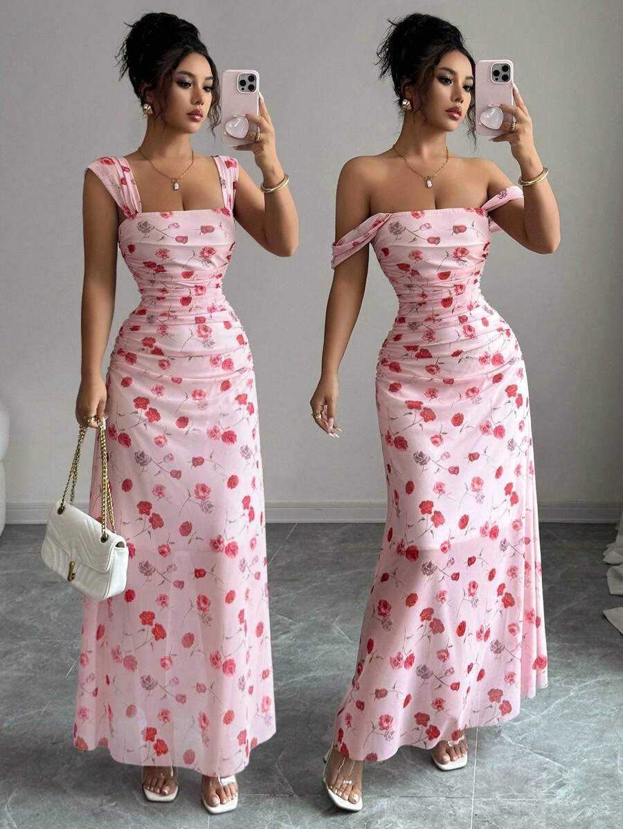 Elenzga New Women's Square Neck Mesh Floral Print Waist Ruched A-Line Maxi Dress, Elegant For Dates, Vacation, Waist Cinching, Flattering, Spring/Summer