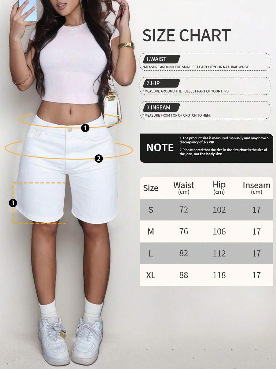 Women's Plain Color Bermuda Denim Shorts, Simple & Fashionable, Suitable For Summer