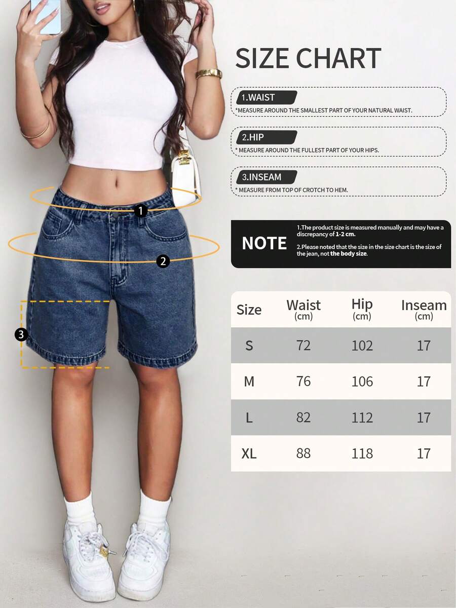 Women's Plain Color Bermuda Denim Shorts, Simple & Fashionable, Suitable For Summer
