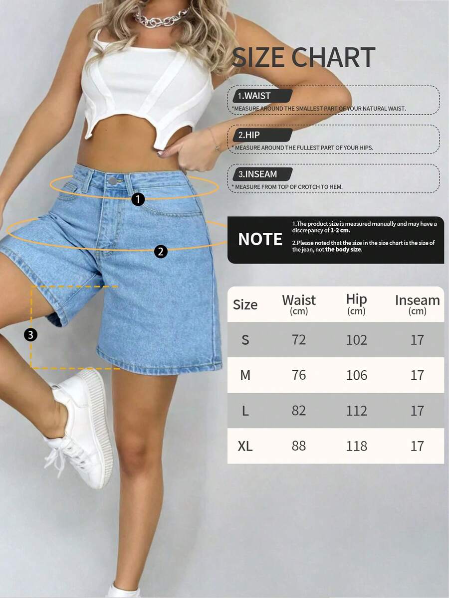 Women's Plain Color Bermuda Denim Shorts, Simple & Fashionable, Suitable For Summer