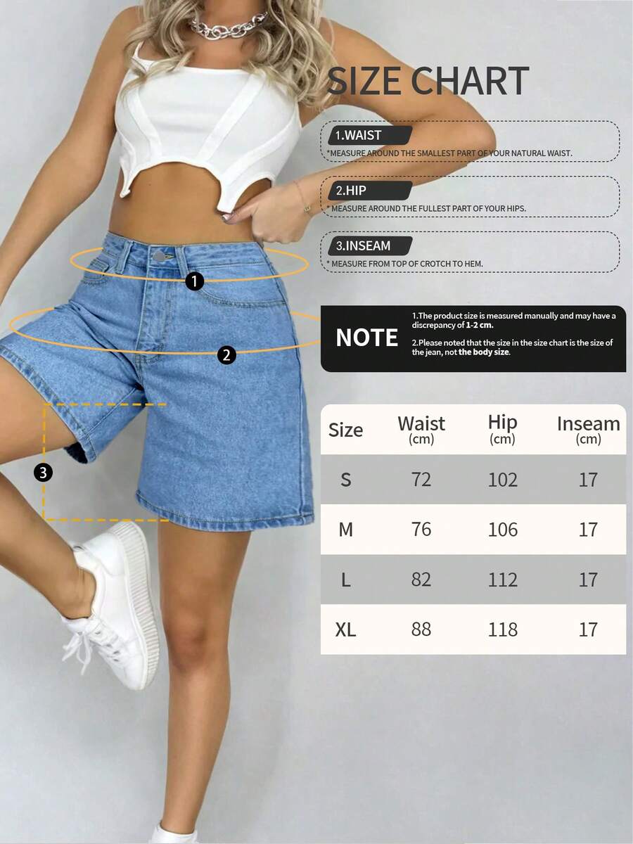 Women's Plain Color Bermuda Denim Shorts, Simple & Fashionable, Suitable For Summer