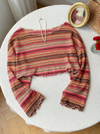 Comfortcana Plus Size Women Casual Striped Cropped T-Shirt,Fall Clothes For Women Colorful Knit Top,Autumn/Winter,Fall Clothes For Women Boho Knit Top Striped Knit Top,Vacation, Summer Knit Top,Slightly Sheer
