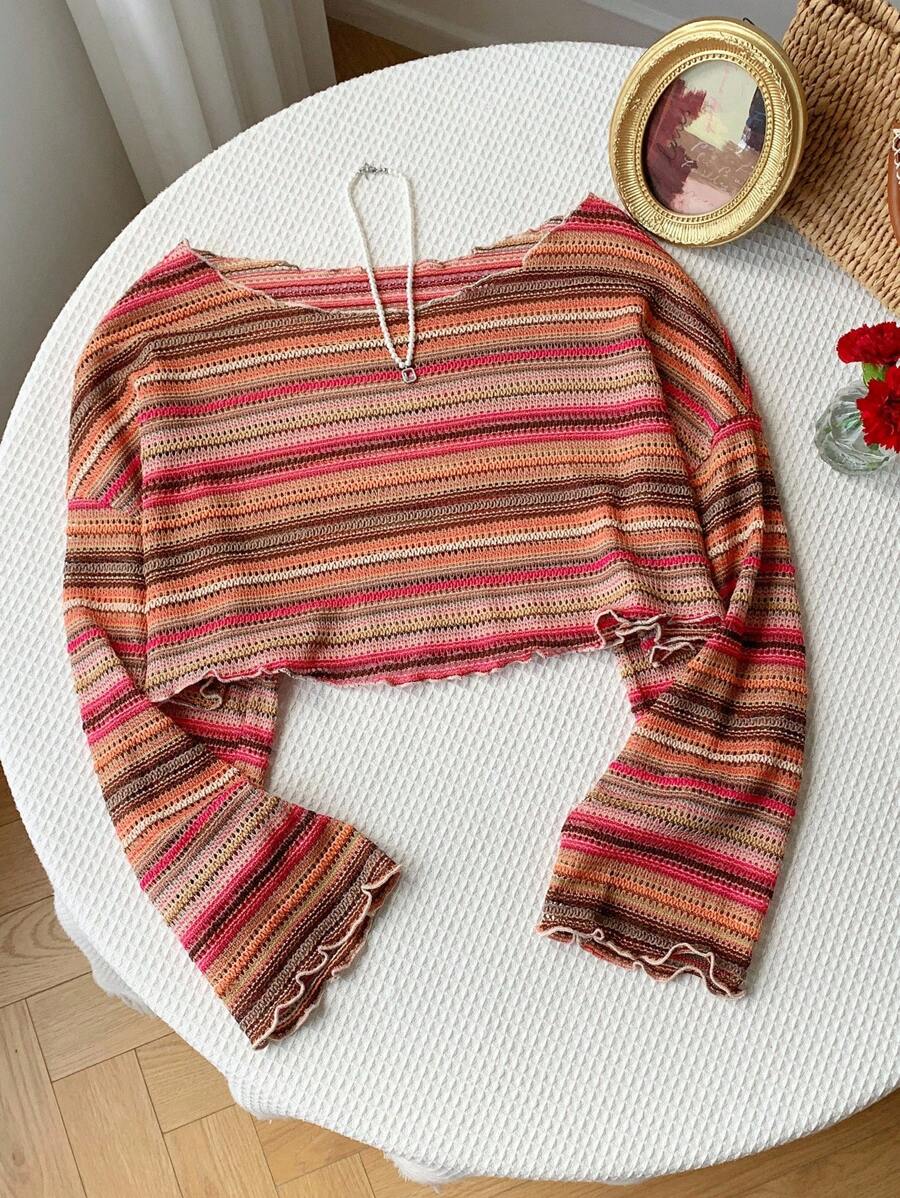 Comfortcana Plus Size Women Casual Striped Cropped T-Shirt,Fall Clothes For Women Colorful Knit Top,Autumn/Winter,Fall Clothes For Women Boho Knit Top Striped Knit Top,Vacation, Summer Knit Top,Slightly Sheer