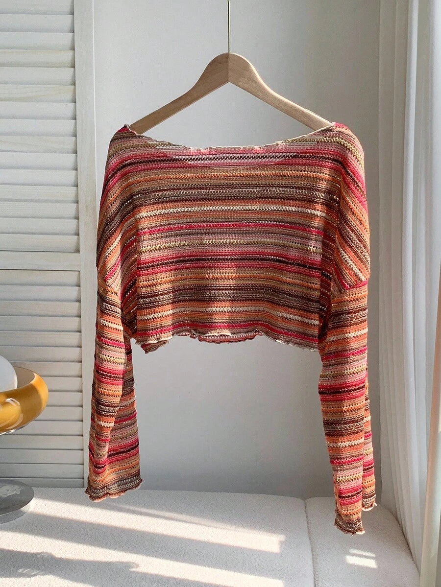 Comfortcana Plus Size Women Casual Striped Cropped T-Shirt,Fall Clothes For Women Colorful Knit Top,Autumn/Winter,Fall Clothes For Women Boho Knit Top Striped Knit Top,Vacation, Summer Knit Top,Slightly Sheer