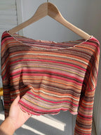 Comfortcana Plus Size Women Casual Striped Cropped T-Shirt,Fall Clothes For Women Colorful Knit Top,Autumn/Winter,Fall Clothes For Women Boho Knit Top Striped Knit Top,Vacation, Summer Knit Top,Slightly Sheer