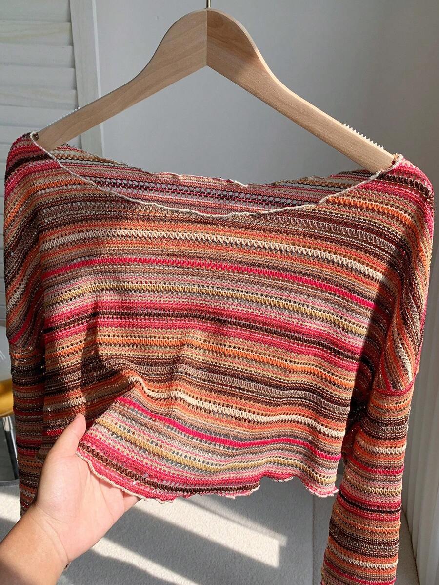 Comfortcana Plus Size Women Casual Striped Cropped T-Shirt,Fall Clothes For Women Colorful Knit Top,Autumn/Winter,Fall Clothes For Women Boho Knit Top Striped Knit Top,Vacation, Summer Knit Top,Slightly Sheer