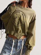 Bohemela Autumn/Winter BOHO Casual Solid Color Knit Crew Neck Long Sleeve Loose Washed Women Sweatshirt