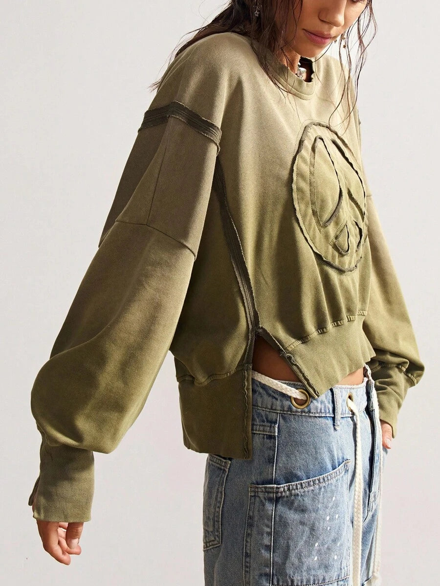 Bohemela Autumn/Winter BOHO Casual Solid Color Knit Crew Neck Long Sleeve Loose Washed Women Sweatshirt
