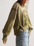 Bohemela Autumn/Winter BOHO Casual Solid Color Knit Crew Neck Long Sleeve Loose Washed Women Sweatshirt