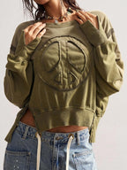 Bohemela Autumn/Winter BOHO Casual Solid Color Knit Crew Neck Long Sleeve Loose Washed Women Sweatshirt