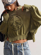 Bohemela Autumn/Winter BOHO Casual Solid Color Knit Crew Neck Long Sleeve Loose Washed Women Sweatshirt