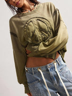 Bohemela Autumn/Winter BOHO Casual Solid Color Knit Crew Neck Long Sleeve Loose Washed Women Sweatshirt