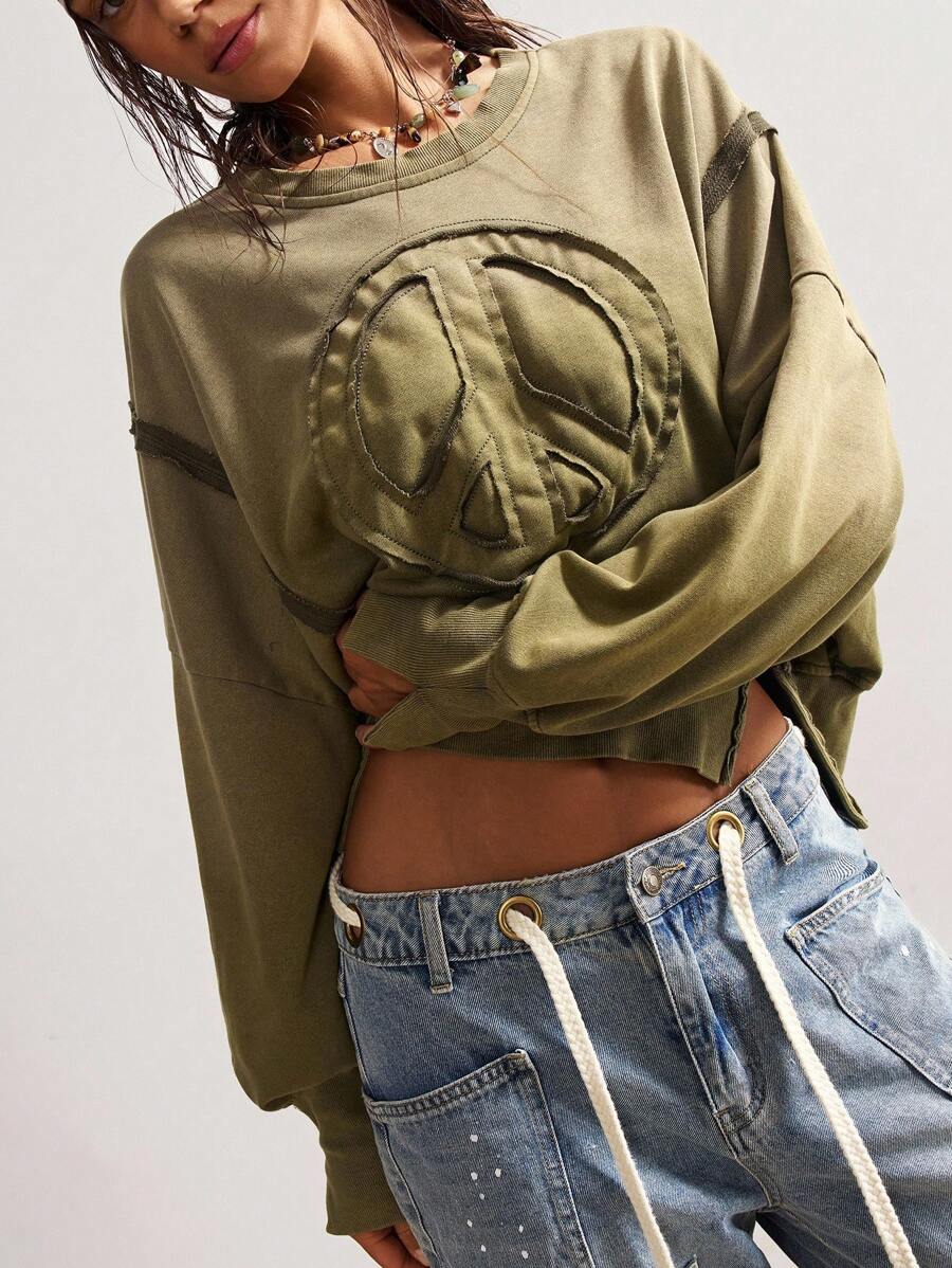 Bohemela Autumn/Winter BOHO Casual Solid Color Knit Crew Neck Long Sleeve Loose Washed Women Sweatshirt