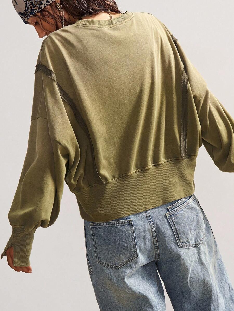 Bohemela Autumn/Winter BOHO Casual Solid Color Knit Crew Neck Long Sleeve Loose Washed Women Sweatshirt