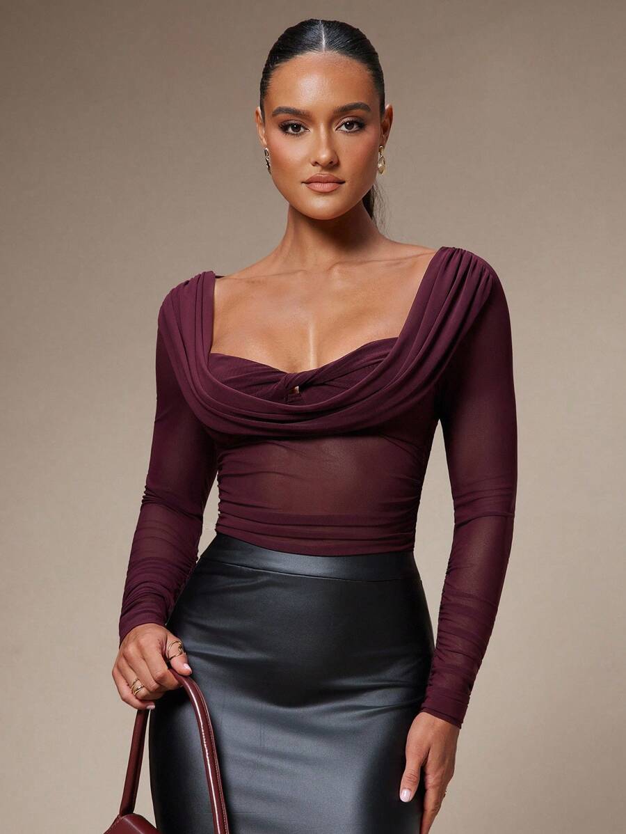 Silquee Women's Solid Color Plunging Neck Long Sleeve Fitted Fashionable Mesh Blouse See Through Top Mesh Top Top Long Sleeve Top