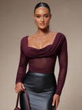 Silquee Women's Solid Color Plunging Neck Long Sleeve Fitted Fashionable Mesh Blouse See Through Top Mesh Top Top Long Sleeve Top