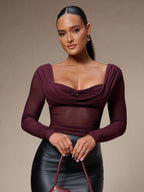 Silquee Women's Solid Color Plunging Neck Long Sleeve Fitted Fashionable Mesh Blouse See Through Top Mesh Top Top Long Sleeve Top