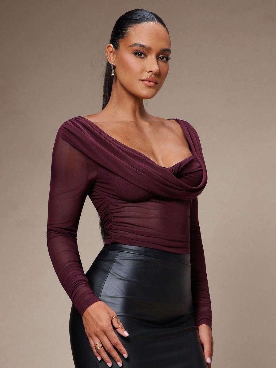 Silquee Women's Solid Color Plunging Neck Long Sleeve Fitted Fashionable Mesh Blouse See Through Top Mesh Top Top Long Sleeve Top