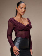 Silquee Women's Solid Color Plunging Neck Long Sleeve Fitted Fashionable Mesh Blouse See Through Top Mesh Top Top Long Sleeve Top