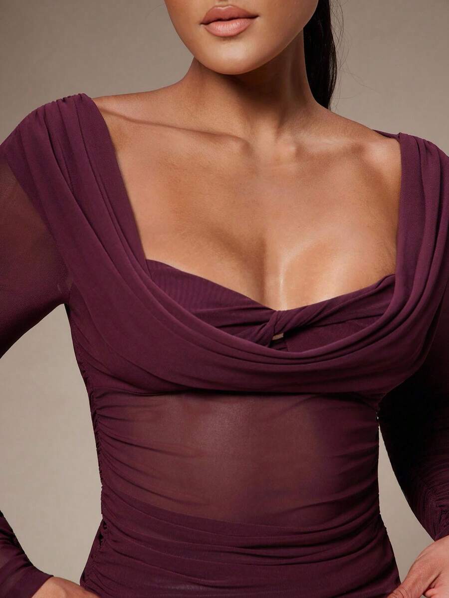 Silquee Women's Solid Color Plunging Neck Long Sleeve Fitted Fashionable Mesh Blouse See Through Top Mesh Top Top Long Sleeve Top