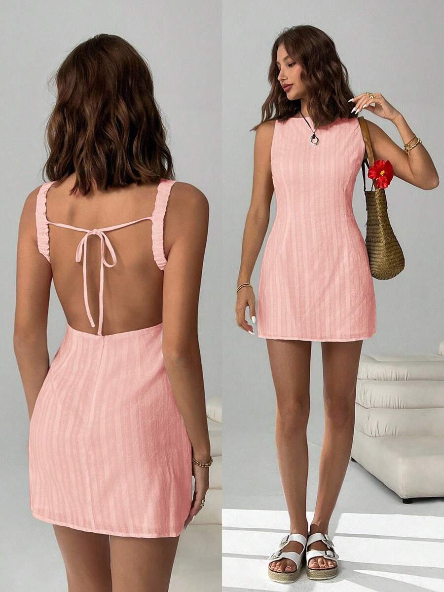 Easelle Women's Solid Color Backless Lace-Up Sleeveless Mini Summer Dress